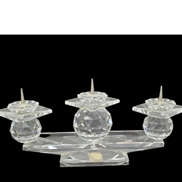 Vintage Swarovski Crystal Candle Holder 1980's Faceted 3 Pin Candelabra Signed